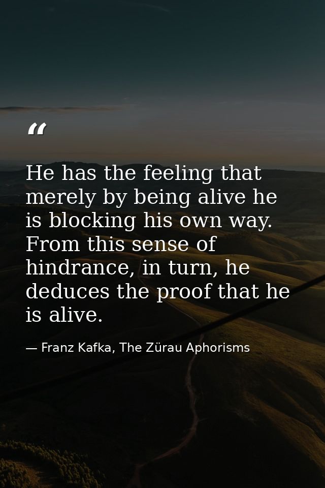 He has the feeling that merely by being alive he is blocking his own way. From this sense of hindrance, in turn, he dedu — Franz Kafka, The Zürau Aphorisms