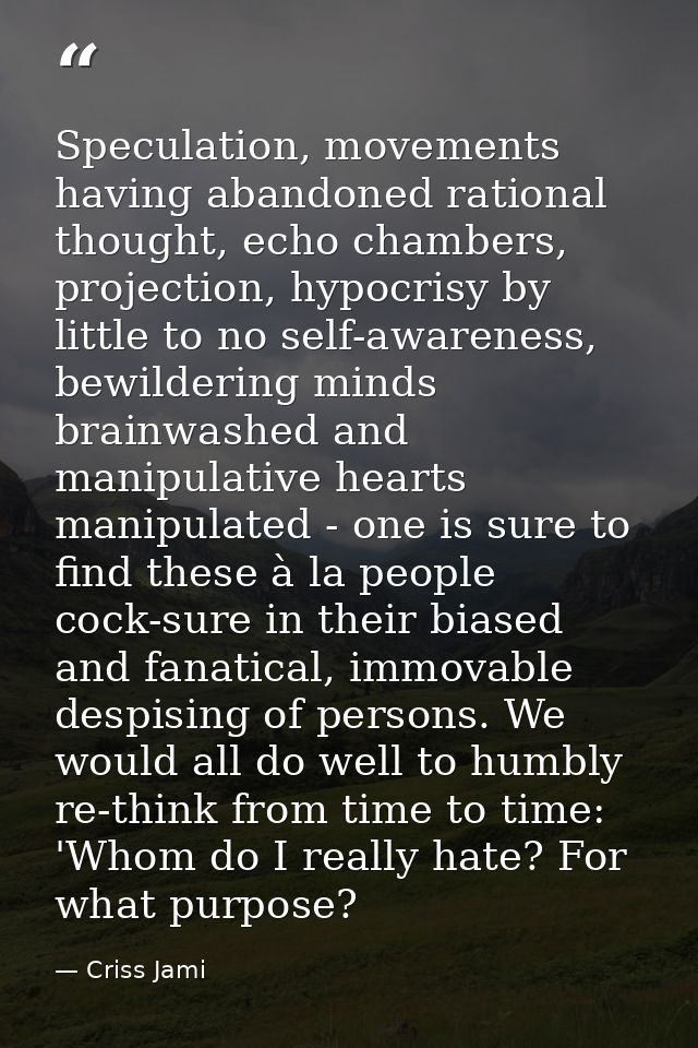 Speculation, movements having abandoned rational thought, echo chambers, projection, hypocrisy by little to no self-awar — Criss Jami