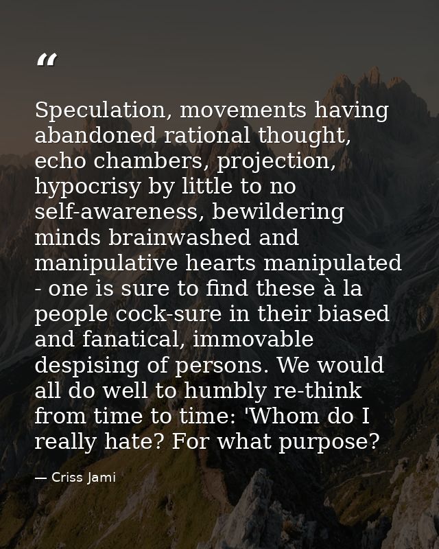 Speculation, movements having abandoned rational thought, echo chambers, projection, hypocrisy by little to no self-awar — Criss Jami