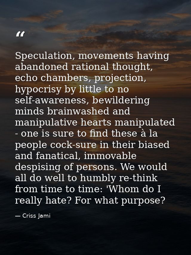 Speculation, movements having abandoned rational thought, echo chambers, projection, hypocrisy by little to no self-awar — Criss Jami
