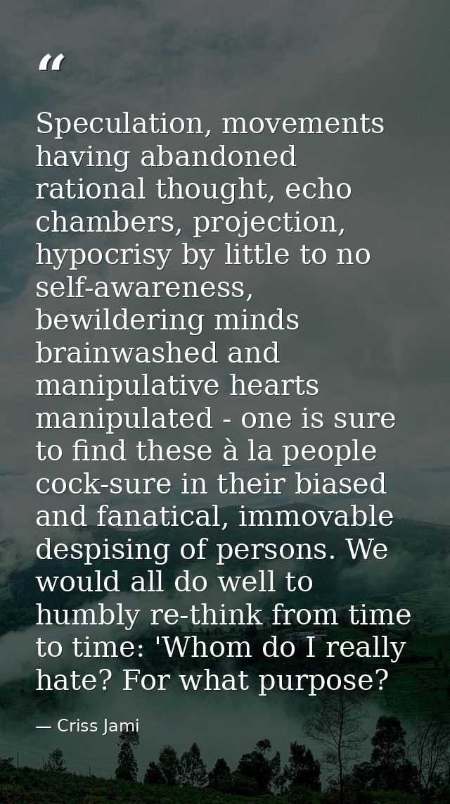 Speculation, movements having abandoned rational thought, echo chambers, projection, hypocrisy by little to no self-awar — Criss Jami