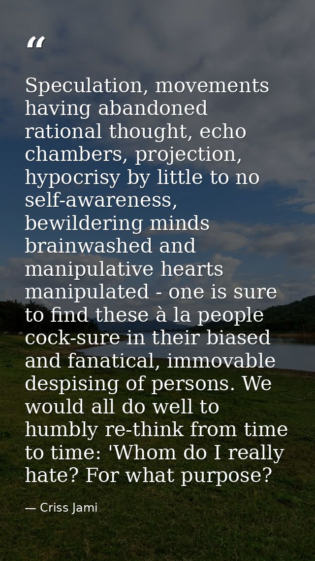 Speculation, movements having abandoned rational thought, echo chambers, projection, hypocrisy by little to no self-awar — Criss Jami