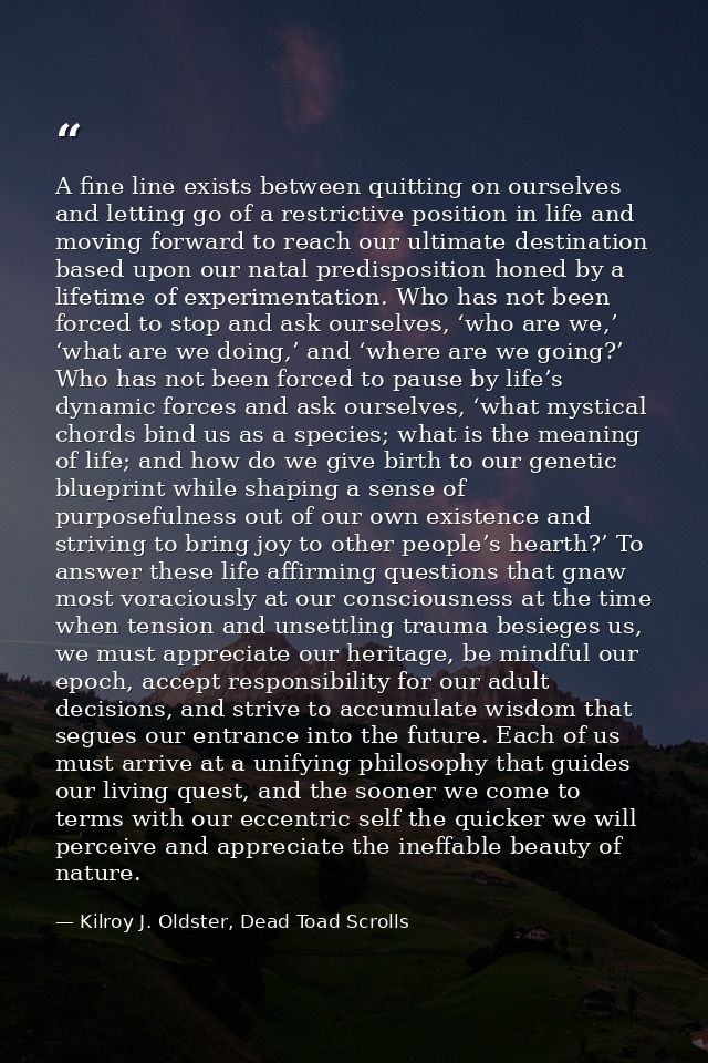 A fine line exists between quitting on ourselves and letting go of a restrictive position in life and moving forward to  — Kilroy J. Oldster, Dead Toad Scrolls