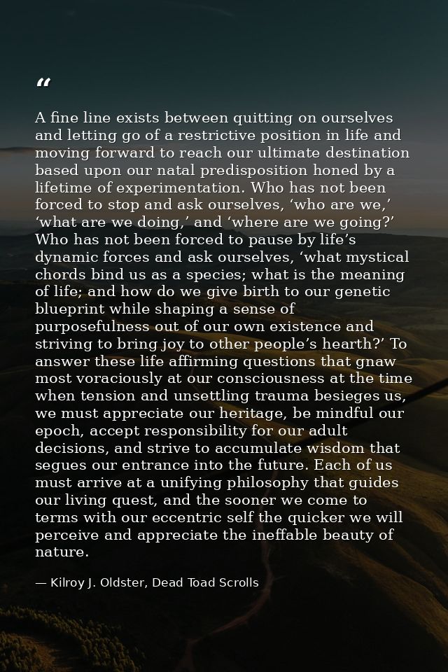 A fine line exists between quitting on ourselves and letting go of a restrictive position in life and moving forward to  — Kilroy J. Oldster, Dead Toad Scrolls