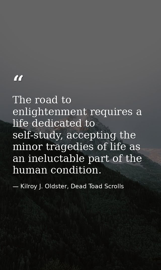 The road to enlightenment requires a life dedicated to self-study, accepting the minor tragedies of life as an ineluctab — Kilroy J. Oldster, Dead Toad Scrolls