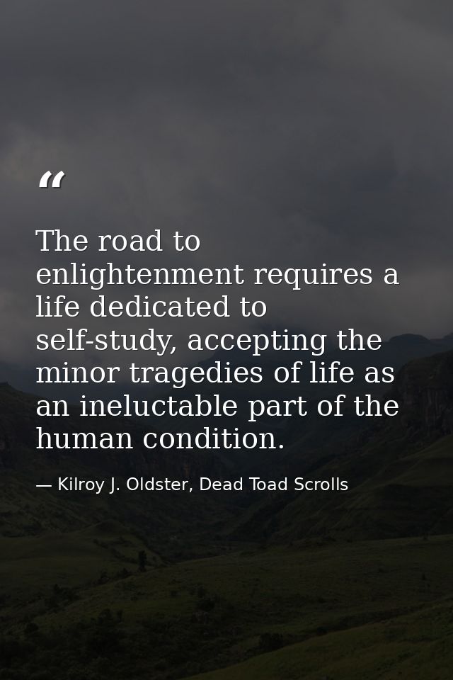 The road to enlightenment requires a life dedicated to self-study, accepting the minor tragedies of life as an ineluctab — Kilroy J. Oldster, Dead Toad Scrolls