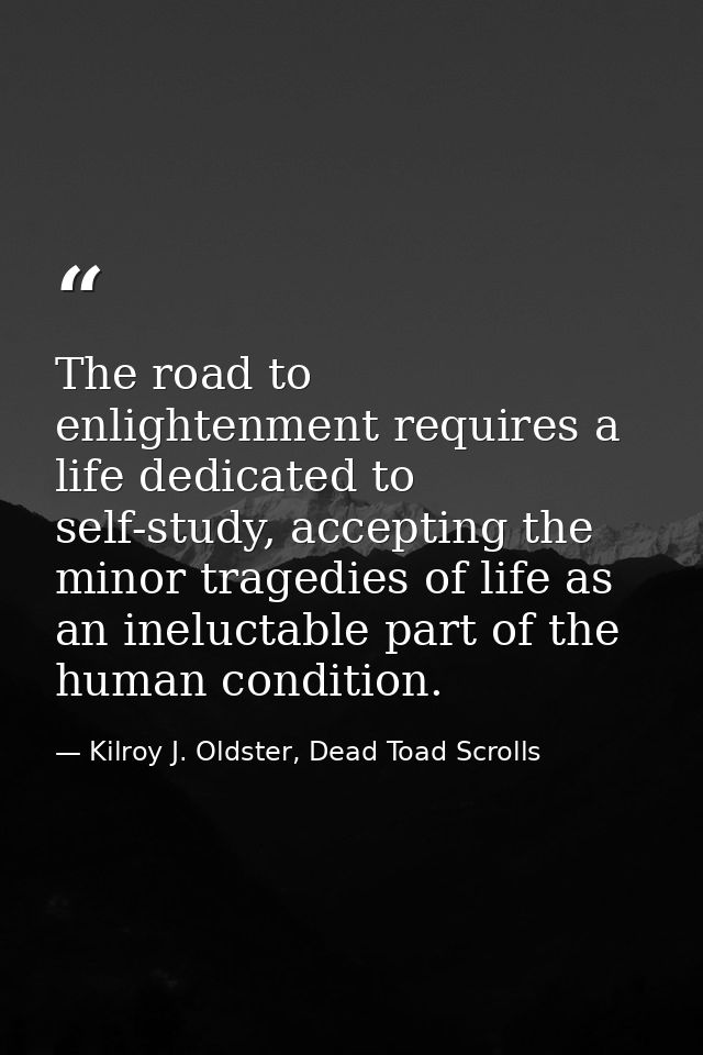 The road to enlightenment requires a life dedicated to self-study, accepting the minor tragedies of life as an ineluctab — Kilroy J. Oldster, Dead Toad Scrolls