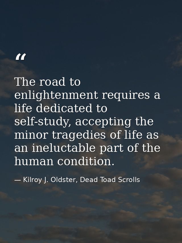 The road to enlightenment requires a life dedicated to self-study, accepting the minor tragedies of life as an ineluctab — Kilroy J. Oldster, Dead Toad Scrolls