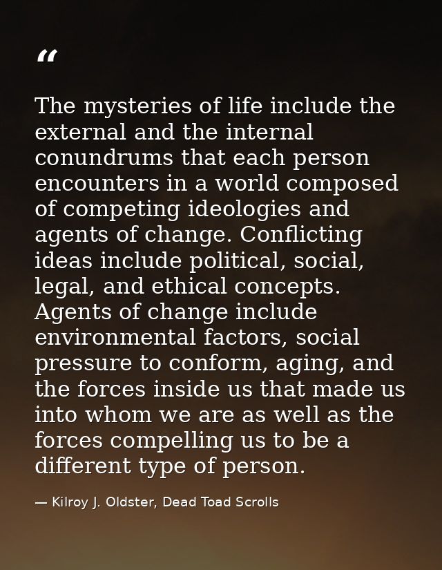 The mysteries of life include the external and the internal conundrums that each person encounters in a world composed o — Kilroy J. Oldster, Dead Toad Scrolls