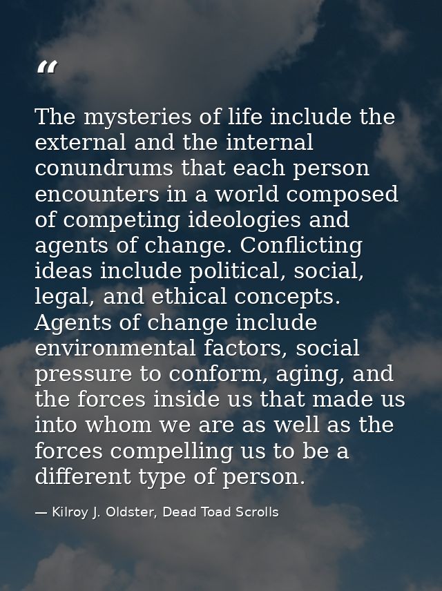 The mysteries of life include the external and the internal conundrums that each person encounters in a world composed o — Kilroy J. Oldster, Dead Toad Scrolls