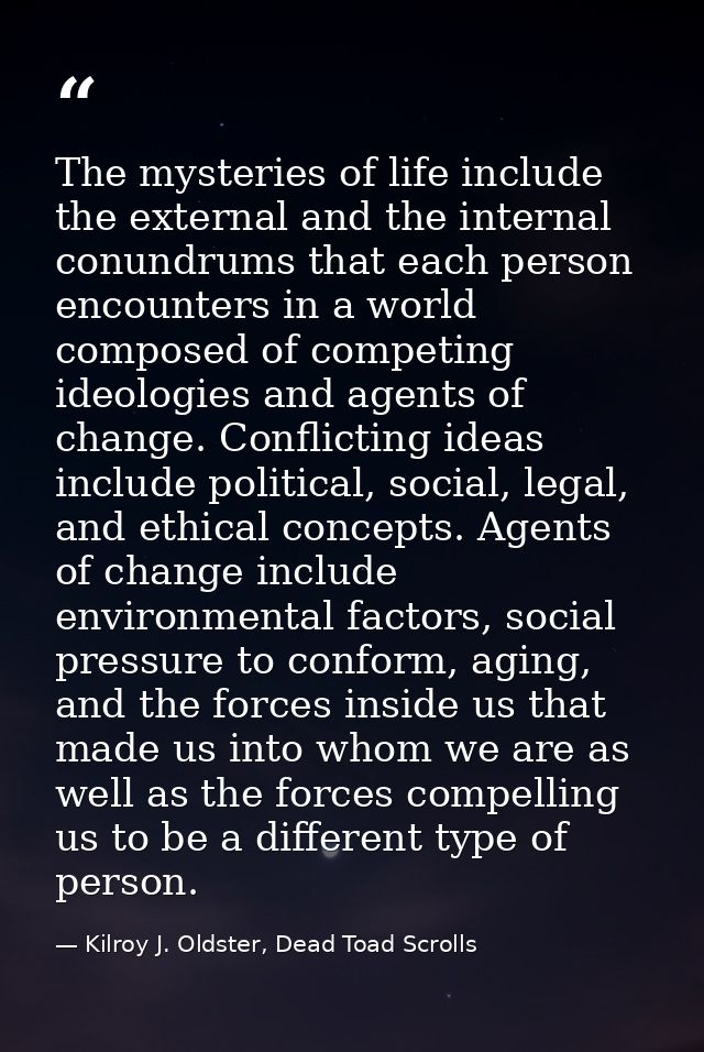 The mysteries of life include the external and the internal conundrums that each person encounters in a world composed o — Kilroy J. Oldster, Dead Toad Scrolls