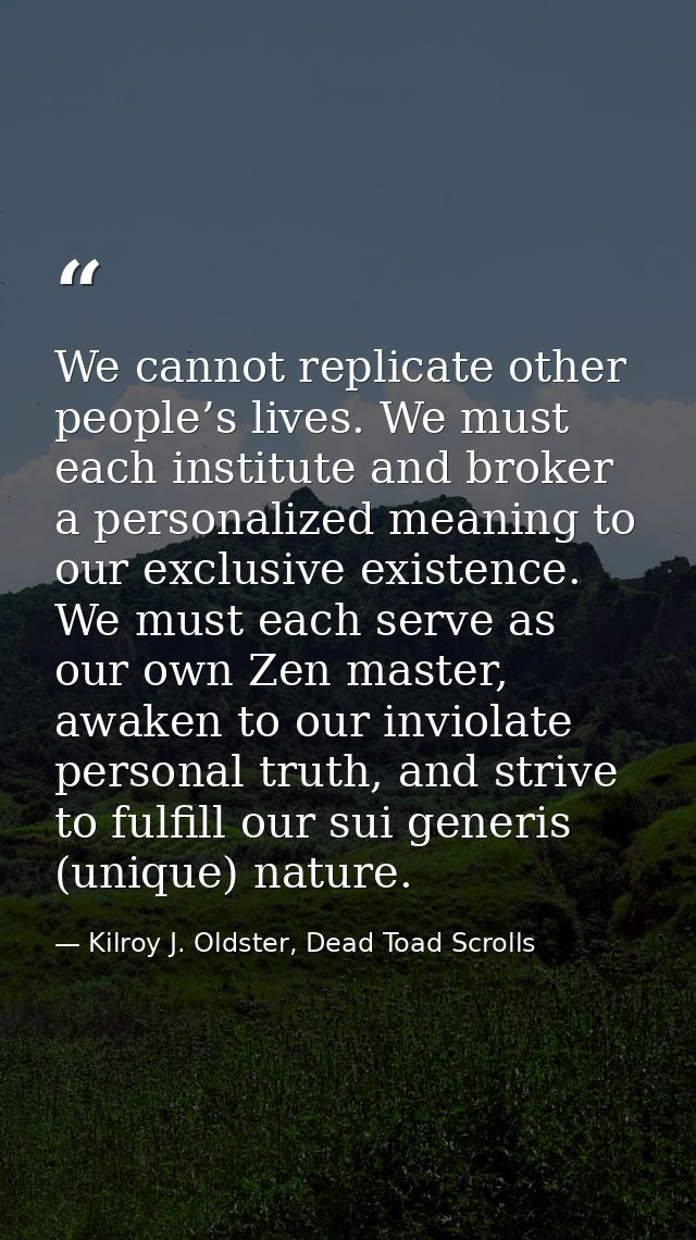 We cannot replicate other people’s lives. We must each institute and broker a personalized meaning to our exclusive exis — Kilroy J. Oldster, Dead Toad Scrolls