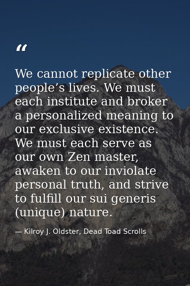 We cannot replicate other people’s lives. We must each institute and broker a personalized meaning to our exclusive exis — Kilroy J. Oldster, Dead Toad Scrolls
