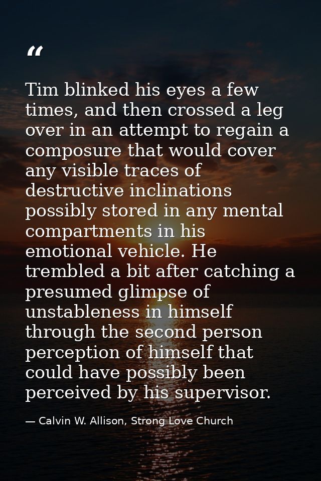 Tim blinked his eyes a few times, and then crossed a leg over in an attempt to regain a composure that would cover any v — Calvin W. Allison, Strong Love Church