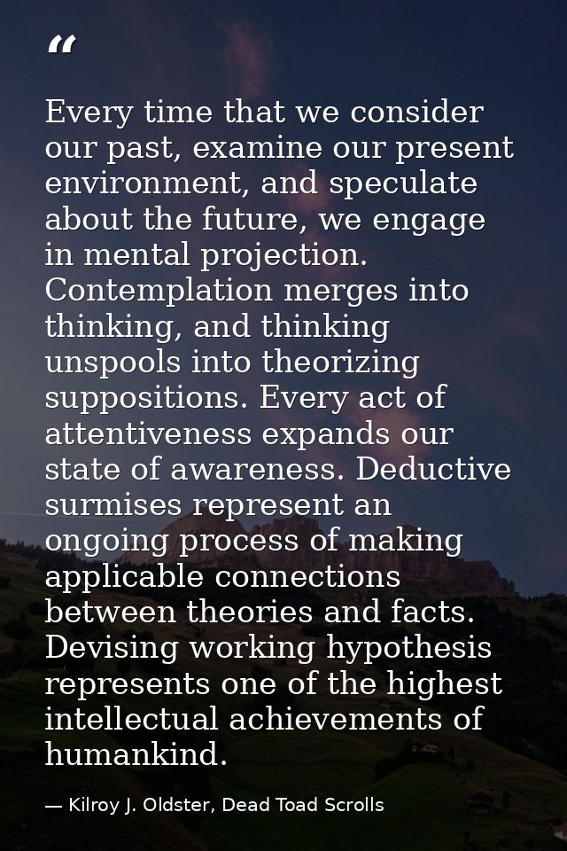 Every time that we consider our past, examine our present environment, and speculate about the future, we engage in ment — Kilroy J. Oldster, Dead Toad Scrolls