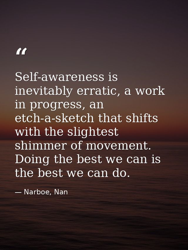 Self-awareness is inevitably erratic, a work in progress, an etch-a-sketch that shifts with the slightest shimmer of mov — Narboe, Nan