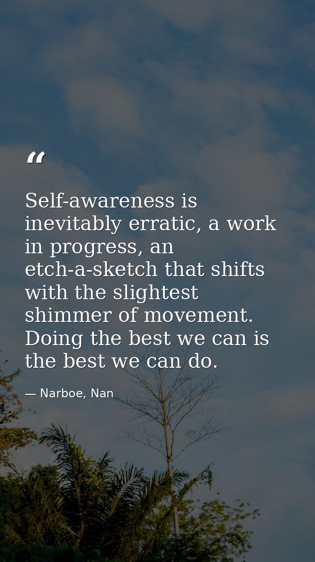 Self-awareness is inevitably erratic, a work in progress, an etch-a-sketch that shifts with the slightest shimmer of mov — Narboe, Nan