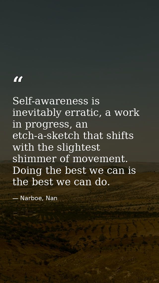 Self-awareness is inevitably erratic, a work in progress, an etch-a-sketch that shifts with the slightest shimmer of mov — Narboe, Nan