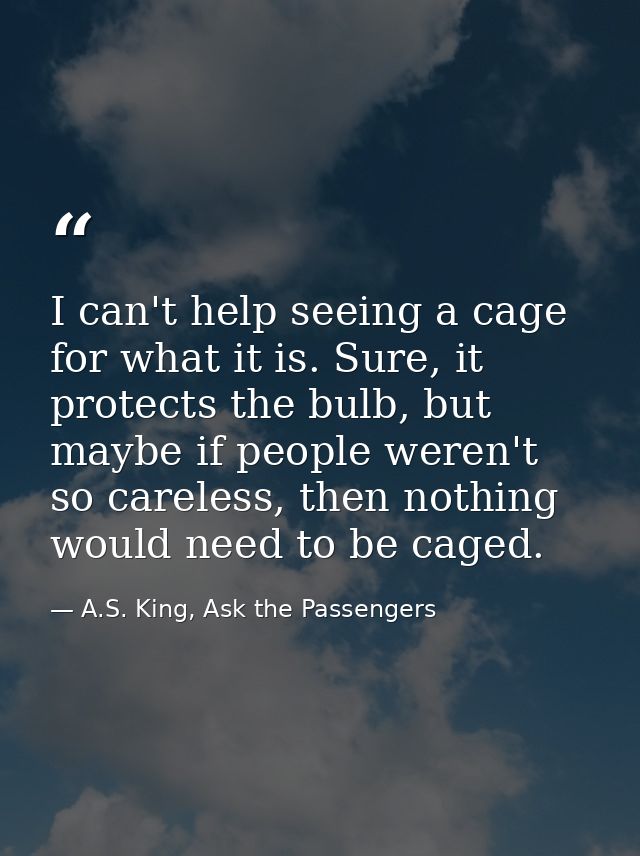 I can't help seeing a cage for what it is. Sure, it protects the bulb, but maybe if people weren't so careless, then not — A.S. King, Ask the Passengers