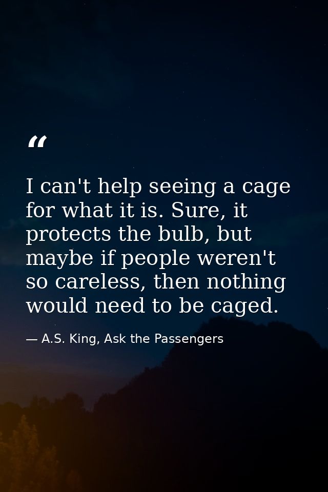 I can't help seeing a cage for what it is. Sure, it protects the bulb, but maybe if people weren't so careless, then not — A.S. King, Ask the Passengers