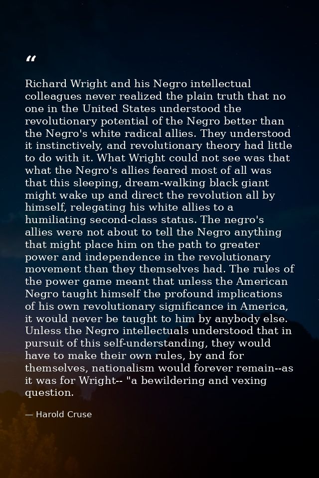 Richard Wright and his Negro intellectual colleagues never realized the plain truth that no one in the United States und — Harold Cruse