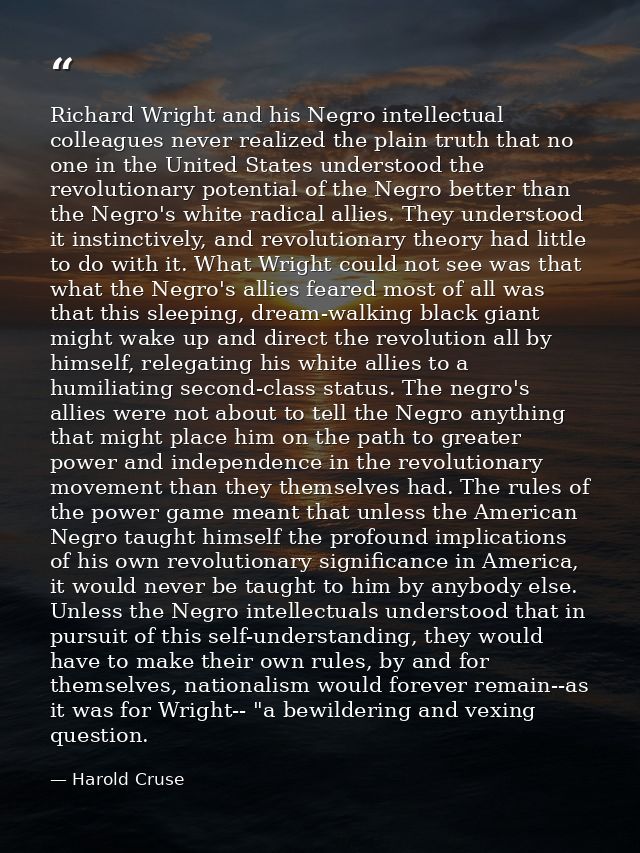 Richard Wright and his Negro intellectual colleagues never realized the plain truth that no one in the United States und — Harold Cruse