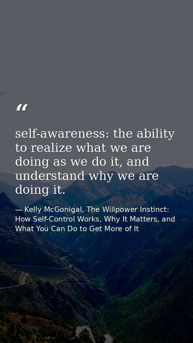 self-awareness: the ability to realize what we are doing as we do it, and understand why we are doing it. — Kelly McGonigal, The Willpower Instinct: How Self-Control Works, Why It Matters, and What You Can Do to Get More of It