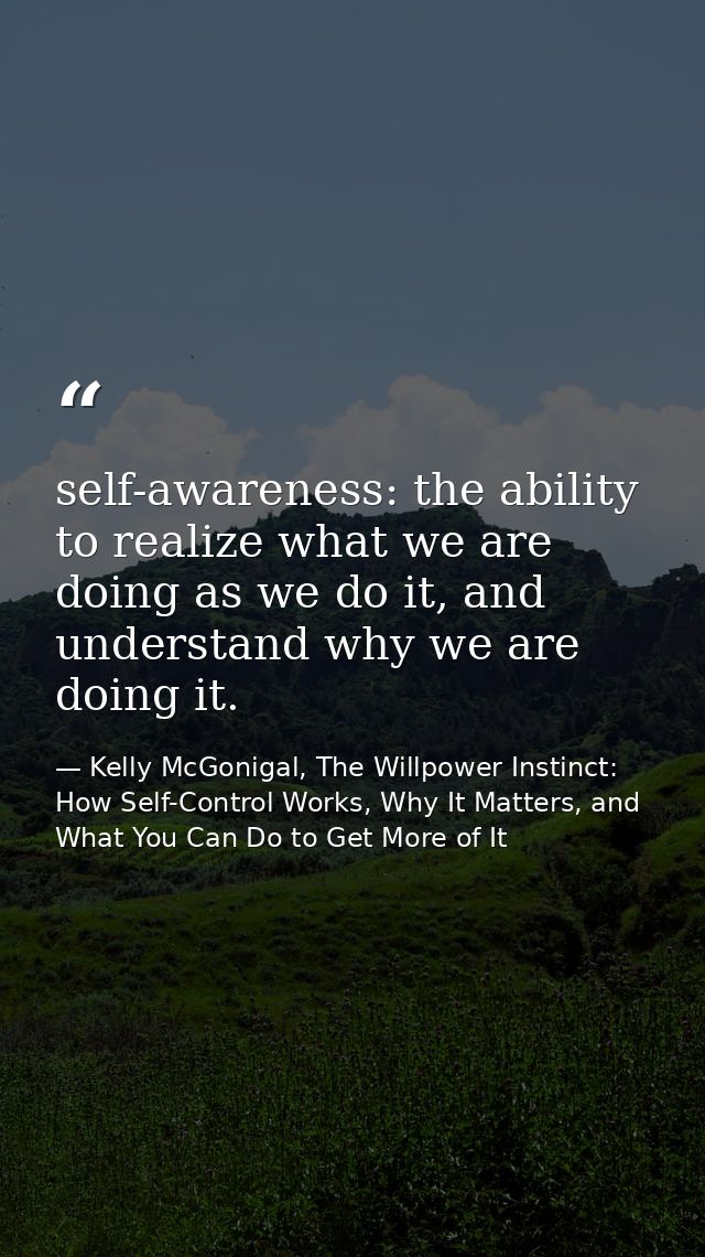 self-awareness: the ability to realize what we are doing as we do it, and understand why we are doing it. — Kelly McGonigal, The Willpower Instinct: How Self-Control Works, Why It Matters, and What You Can Do to Get More of It