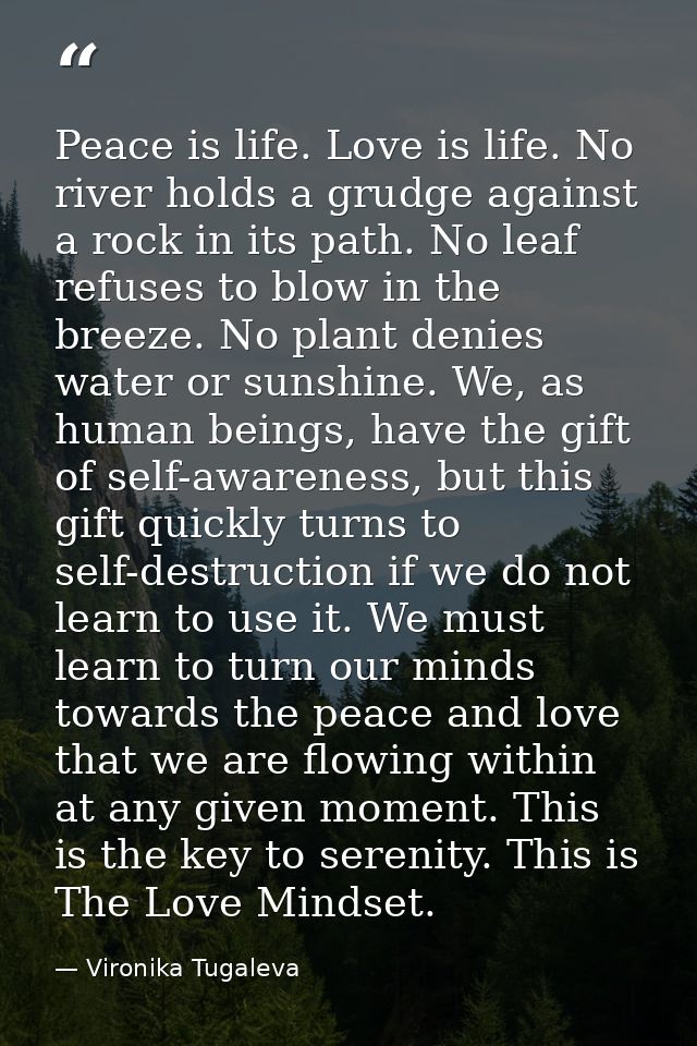 Peace is life. Love is life. No river holds a grudge against a rock in its path. No leaf refuses to blow in the breeze.  — Vironika Tugaleva