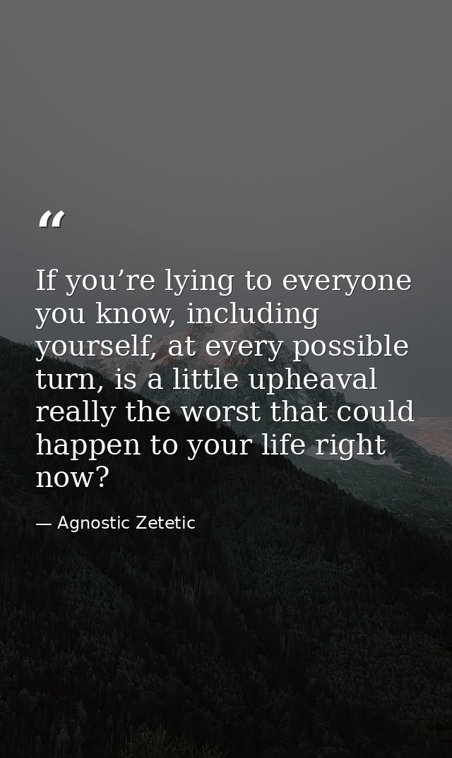 If you’re lying to everyone you know, including yourself, at every possible turn, is a little upheaval really the worst  — Agnostic Zetetic