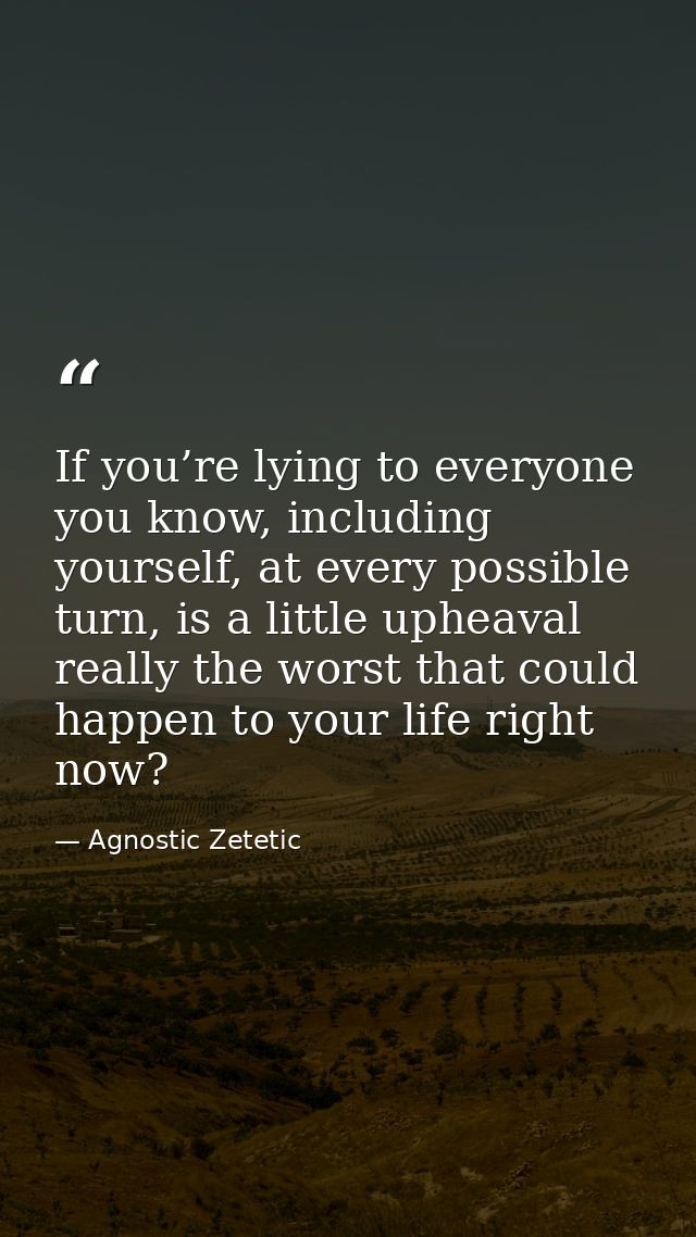 If you’re lying to everyone you know, including yourself, at every possible turn, is a little upheaval really the worst  — Agnostic Zetetic