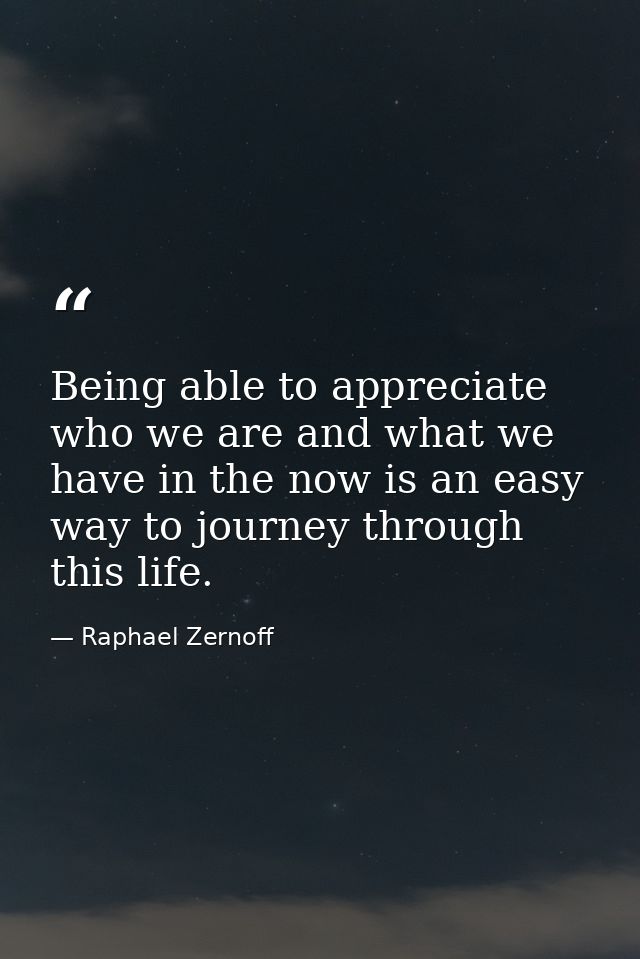 Being able to appreciate who we are and what we have in the now is an easy way to journey through this life. — Raphael Zernoff