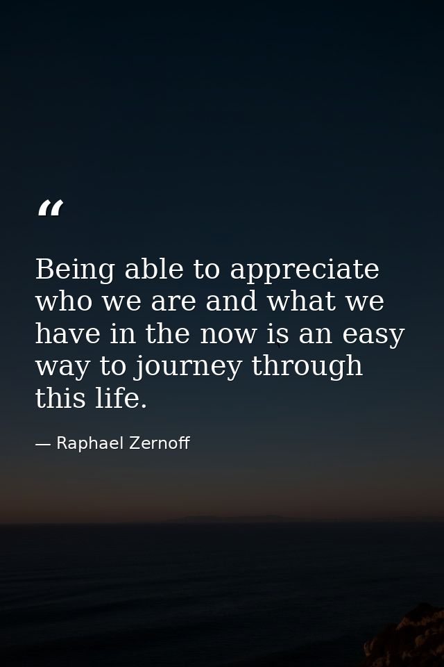 Being able to appreciate who we are and what we have in the now is an easy way to journey through this life. — Raphael Zernoff