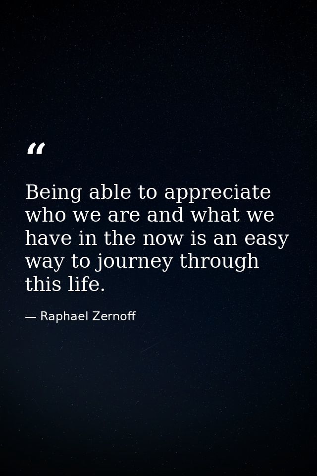 Being able to appreciate who we are and what we have in the now is an easy way to journey through this life. — Raphael Zernoff
