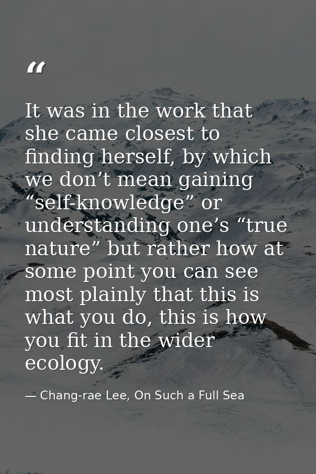 It was in the work that she came closest to finding herself, by which we don’t mean gaining “self-knowledge” or understa — Chang-rae Lee, On Such a Full Sea