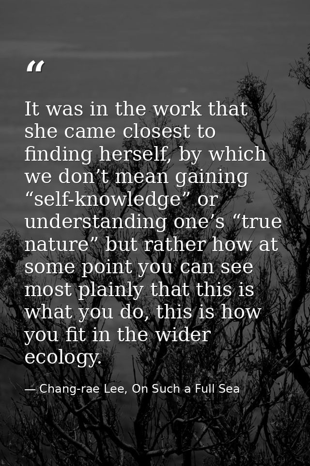 It was in the work that she came closest to finding herself, by which we don’t mean gaining “self-knowledge” or understa — Chang-rae Lee, On Such a Full Sea