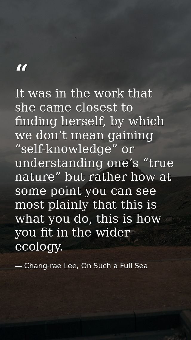 It was in the work that she came closest to finding herself, by which we don’t mean gaining “self-knowledge” or understa — Chang-rae Lee, On Such a Full Sea