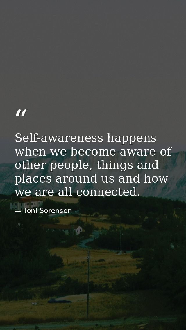 Self-awareness happens when we become aware of other people, things and places around us and how we are all connected. — Toni Sorenson