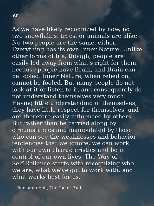 As we have likely recognized by now, no two snowflakes, trees, or animals are alike. No two people are the same, either. — Benjamin Hoff, The Tao of Pooh