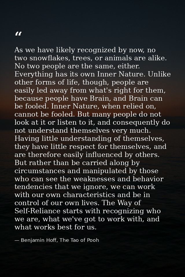 As we have likely recognized by now, no two snowflakes, trees, or animals are alike. No two people are the same, either. — Benjamin Hoff, The Tao of Pooh