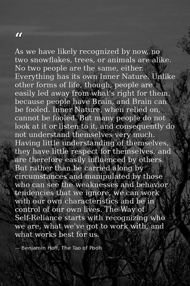 As we have likely recognized by now, no two snowflakes, trees, or animals are alike. No two people are the same, either. — Benjamin Hoff, The Tao of Pooh