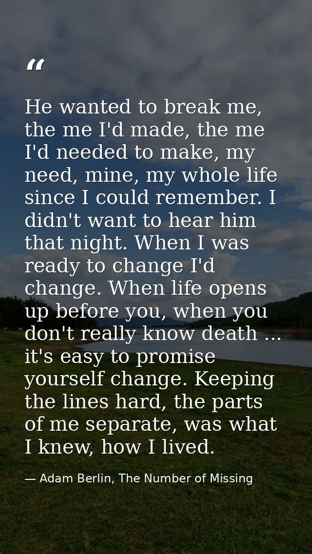 He wanted to break me, the me I'd made, the me I'd needed to make, my need, mine, my whole life since I could remember.  — Adam Berlin, The Number of Missing
