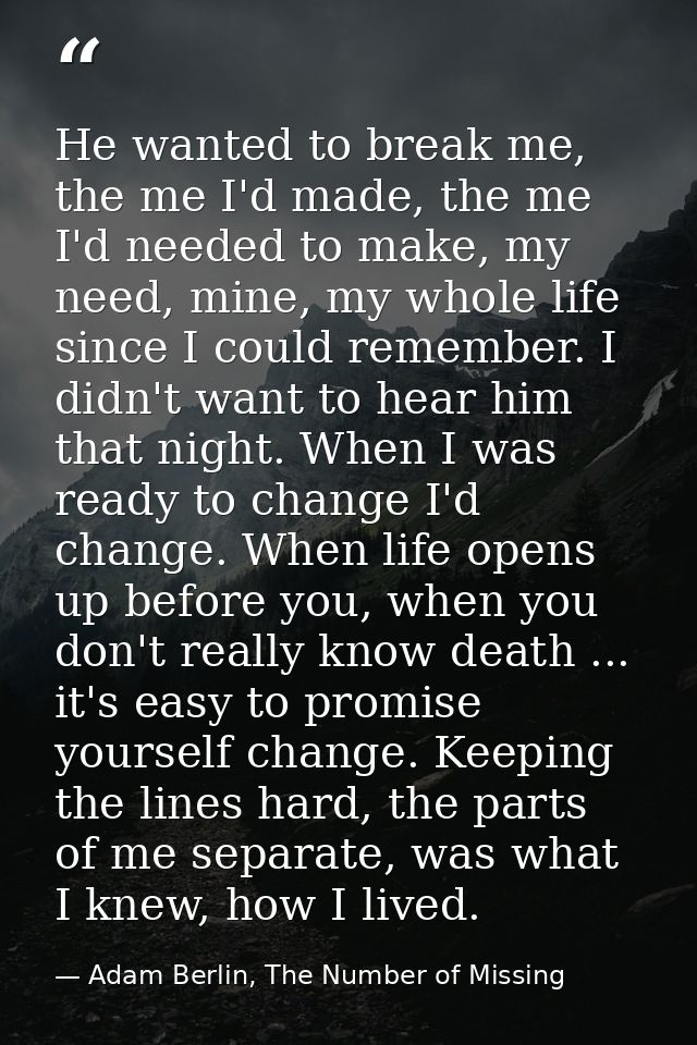 He wanted to break me, the me I'd made, the me I'd needed to make, my need, mine, my whole life since I could remember.  — Adam Berlin, The Number of Missing