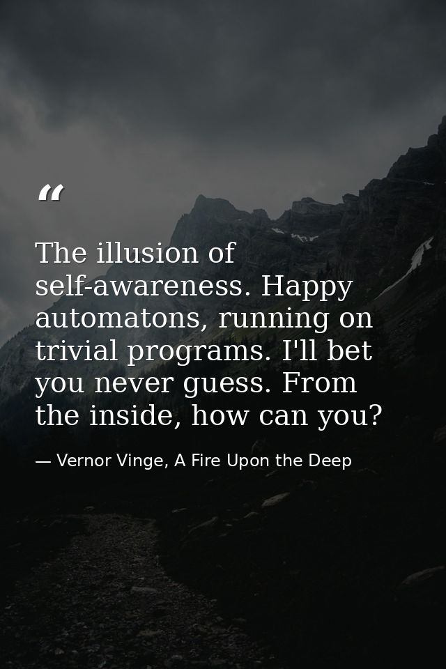 The illusion of self-awareness. Happy automatons, running on trivial programs. I'll bet you never guess. From the inside — Vernor Vinge, A Fire Upon the Deep