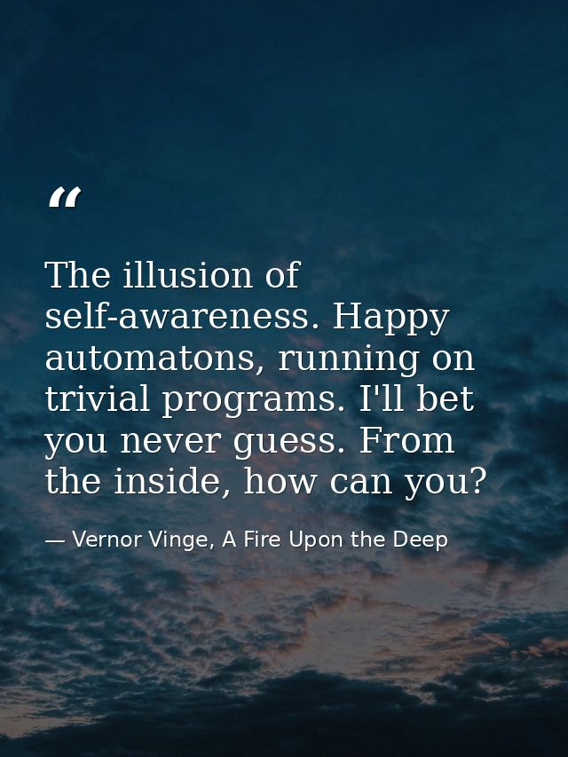 The illusion of self-awareness. Happy automatons, running on trivial programs. I'll bet you never guess. From the inside — Vernor Vinge, A Fire Upon the Deep