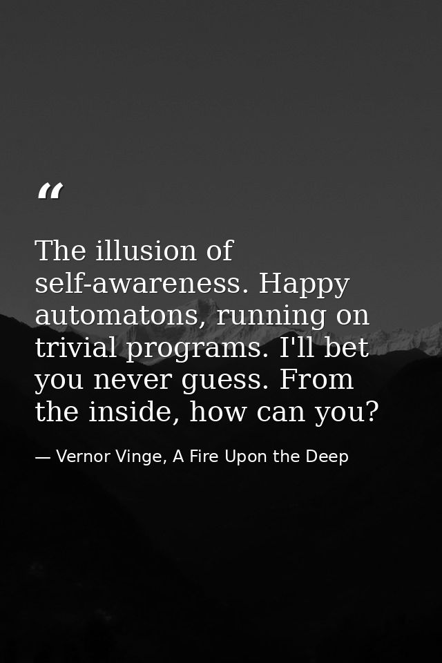 The illusion of self-awareness. Happy automatons, running on trivial programs. I'll bet you never guess. From the inside — Vernor Vinge, A Fire Upon the Deep
