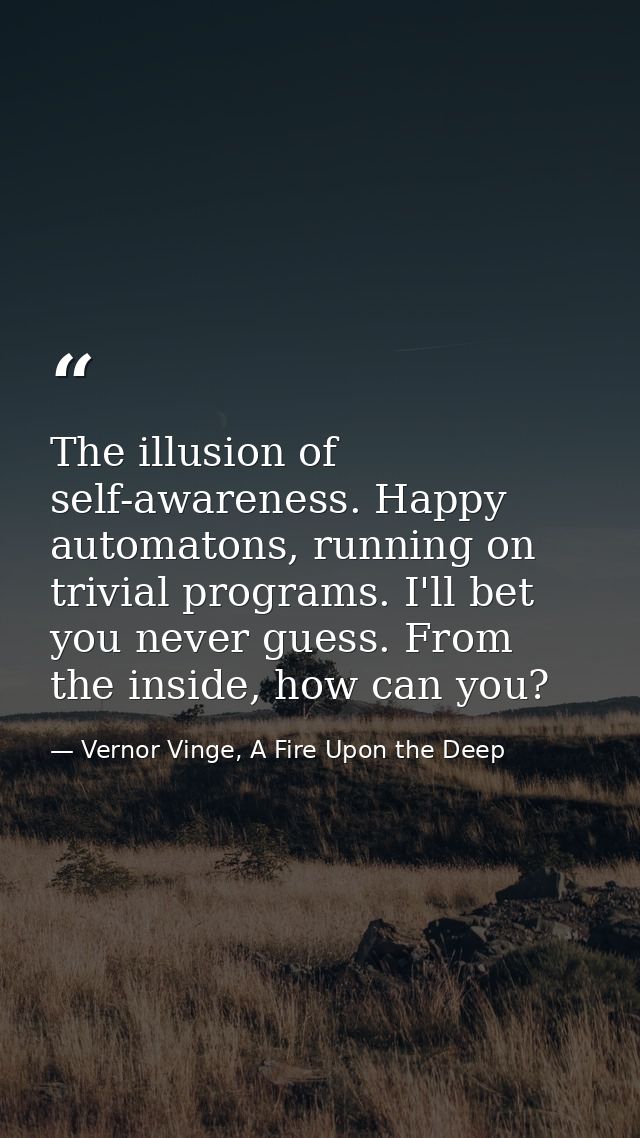 The illusion of self-awareness. Happy automatons, running on trivial programs. I'll bet you never guess. From the inside — Vernor Vinge, A Fire Upon the Deep