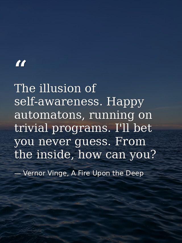 The illusion of self-awareness. Happy automatons, running on trivial programs. I'll bet you never guess. From the inside — Vernor Vinge, A Fire Upon the Deep
