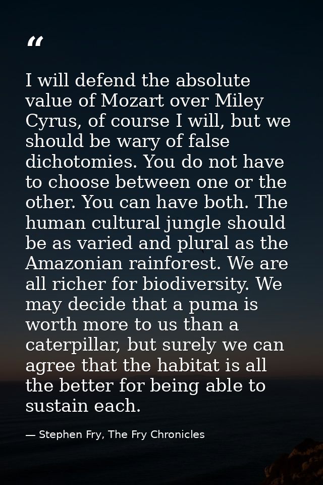 I will defend the absolute value of Mozart over Miley Cyrus, of course I will, but we should be wary of false dichotomie — Stephen Fry, The Fry Chronicles