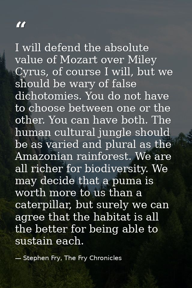 I will defend the absolute value of Mozart over Miley Cyrus, of course I will, but we should be wary of false dichotomie — Stephen Fry, The Fry Chronicles